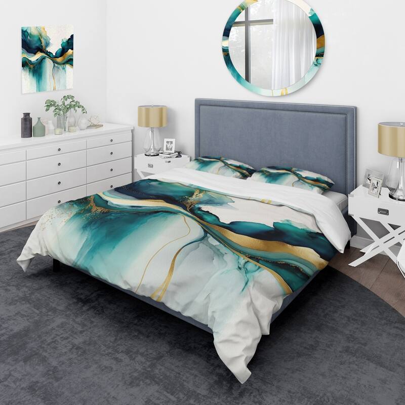 Designart "Teal And Gold Abstract Expression I" Turquoise Modern - Bedding Cover Set With Shams
