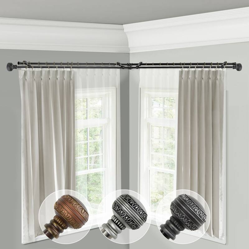 Corner Window Curtain Rod Double - Adjustable 28-48" Black Drapery Rod Set - M