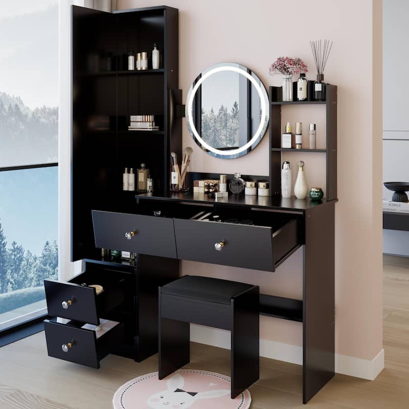 Full Body Mirror Cabinet + Round Mirror LED Vanity Table + Cushioned Stool, 17" diameter LED Mirror, Touch Control