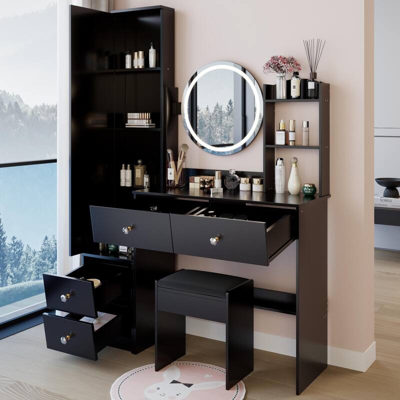 Round Mirror LED Vanity Table, Touch Control Makeup Cabinet, Vanity Set with Full Body Mirror Cabinet & Cushioned Stool