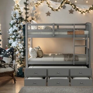 Twin Bunk Bed with Ladder, Safety Rail, Twin Trundle Bed with 3 Drawers for Teens Bedroom, Guest Room Furniture