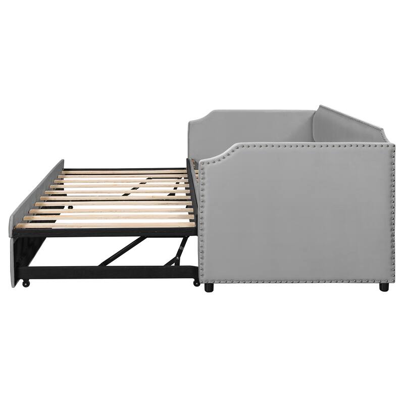 Twin Size Velvet Upholstered Daybed with Pop Up Trundle Bed, Low Profile Panel Bed Frame, 2-in-1 Daybed Design
