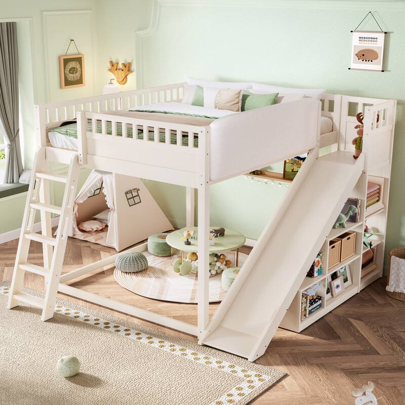 Minimalist Wood Loft Bed Frame with Upholstered Headboard, Storage Open Shelves, Safety Guardrails, Ladder and Slide for Kids - Beige - Queen