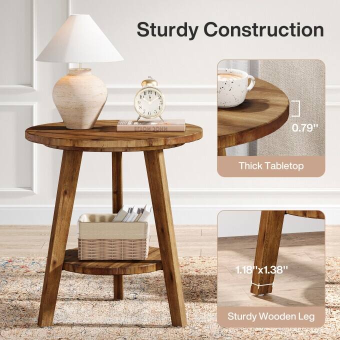 2-Tier Solid Wood Side Table, Circular End Table, Rustic Bedside Table