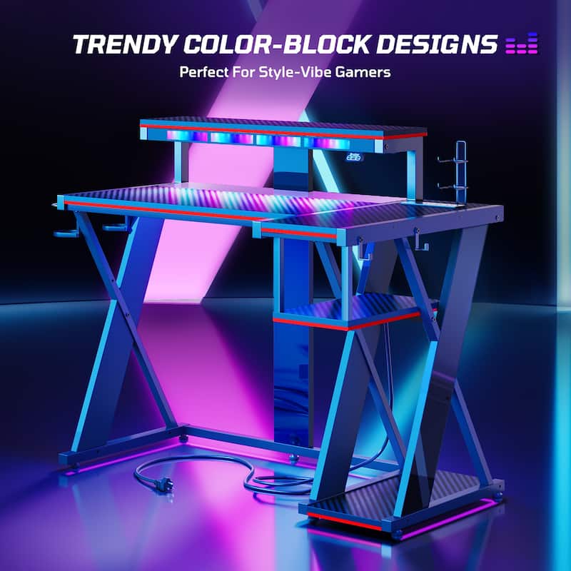 Bestier 42" Computer Desk with Music Sync Light, Corner Desk with Monitor Stand and PS5 Storage Shelves and Headset Hooks