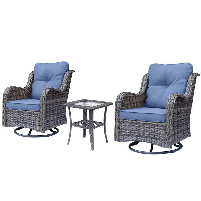 3 Piece Outdoor Patio Conversation Wicker Furniture Swivel Chairs Sets