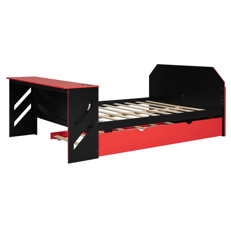 Roomfitters Full Size Wood Daybed with Twin Trundle and Built-in Desk, Modern Gaming Bed Frame with USB Port