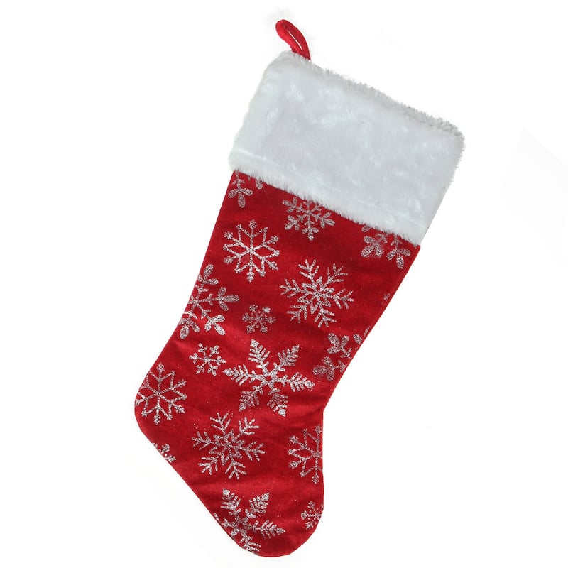20-Inch Red and Silver Glitter Snowflakes Christmas Stocking With a Faux Fur Accent - 20"