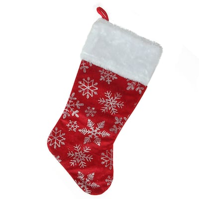 20-Inch Red and Silver Glitter Snowflakes Christmas Stocking With a Faux Fur Accent - 20"