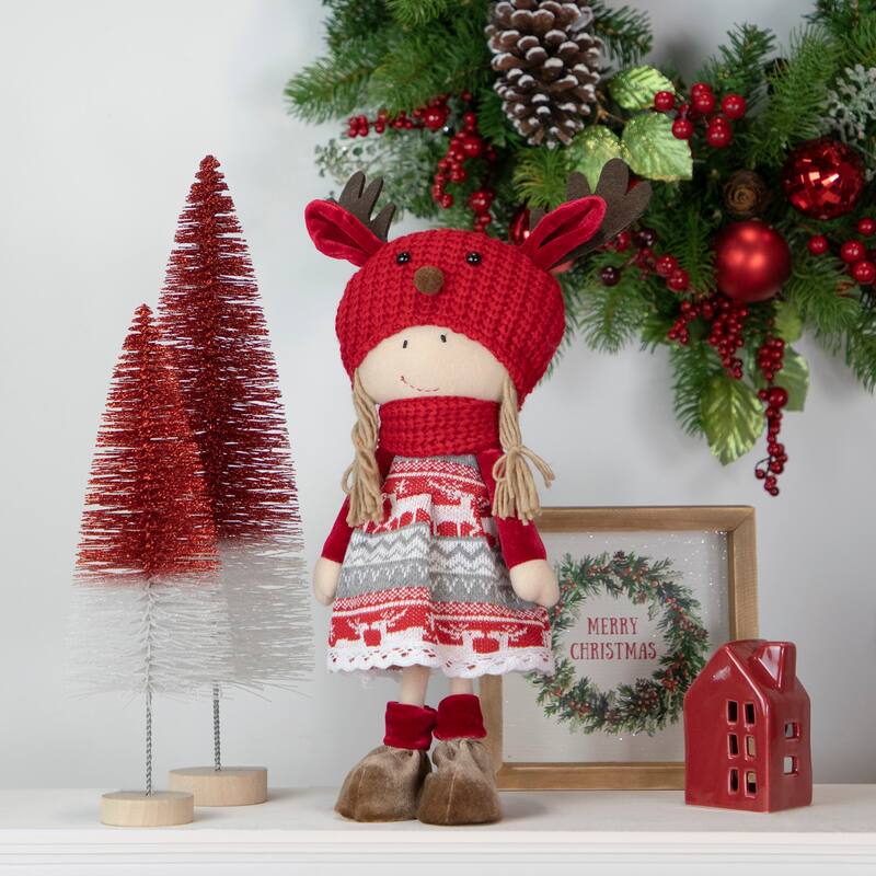 17" Red and White Nordic Girl with Moose Antler Hat Christmas Decoration
