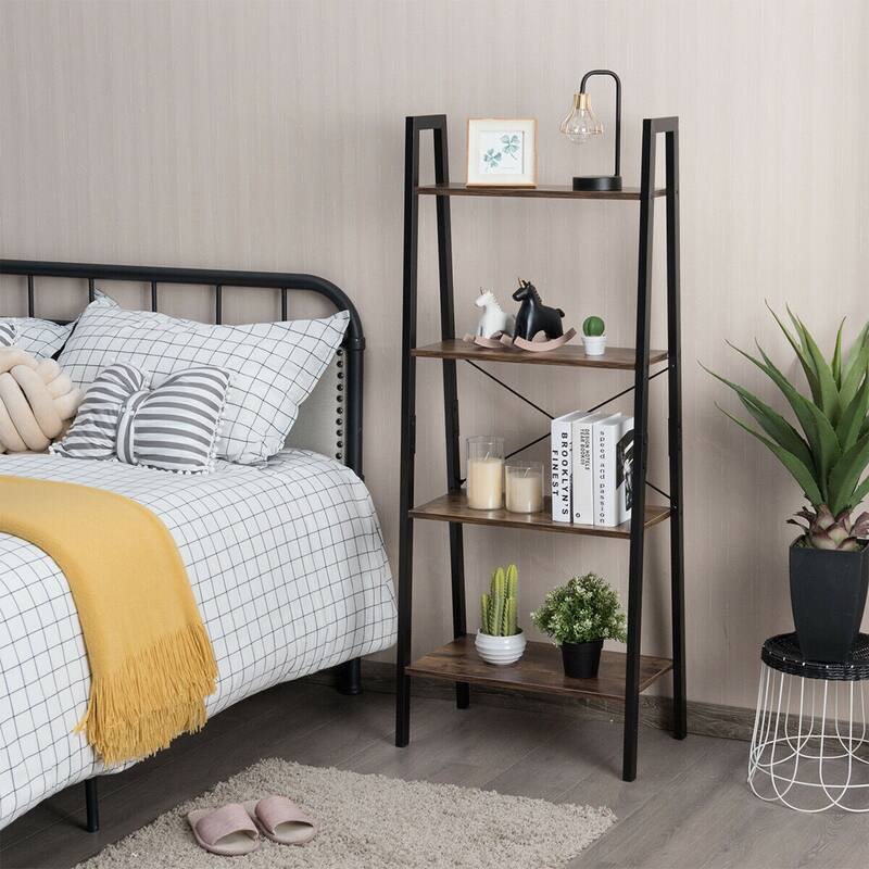 4-Tier Ladder Shelf Bookshelf Display Rack with Metal Frame for Home Office - 22" x 13" x 54.5" {L x W x H)