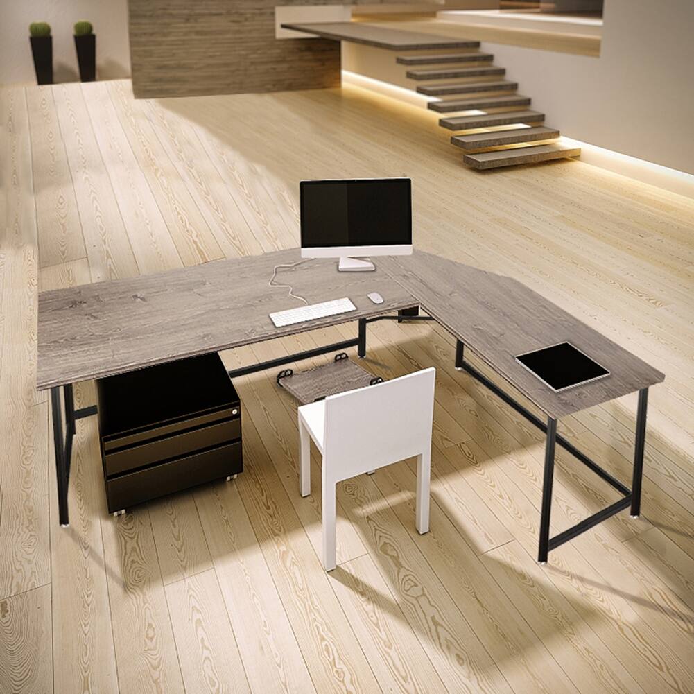 L-Shaped Corner Computer Desk Office Wooden Table with Bookshelf