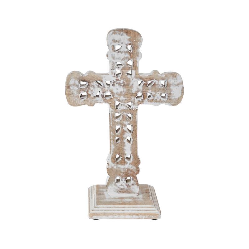 Natural & Distressed White Wooden Cross w/ Rosette Center & Base 13x8x5