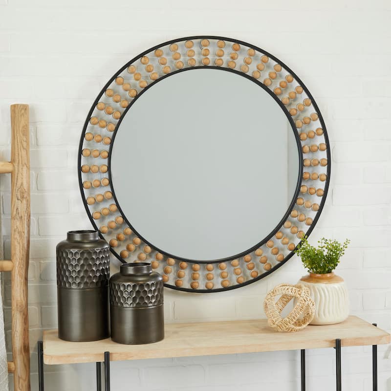 Contemporary Metal Wall Mirror with Beaded Detailing - White or Black - Black