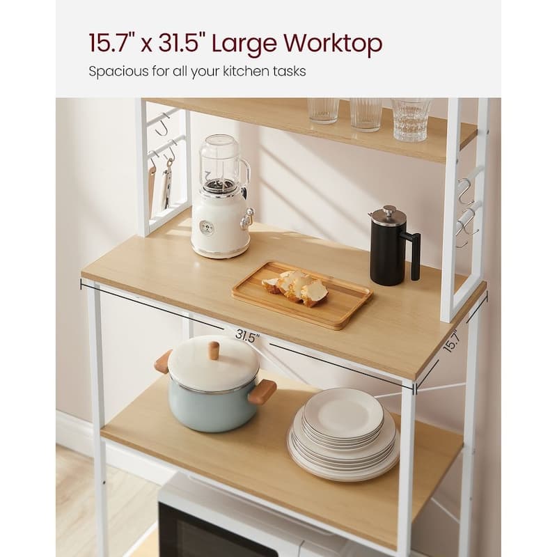 Kitchen Tall Utility Microwave Oven Storage Shelf Stand with 6 Hooks and Metal Frame - 23.6" x 15.7" x 65.7"