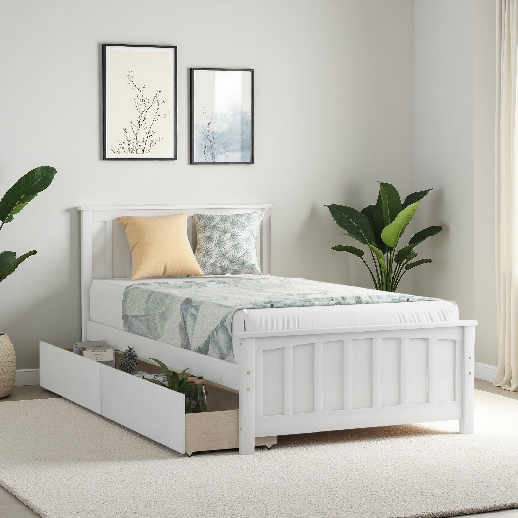 Twin Size Solid Wood Platform Bed with 2 Drawers