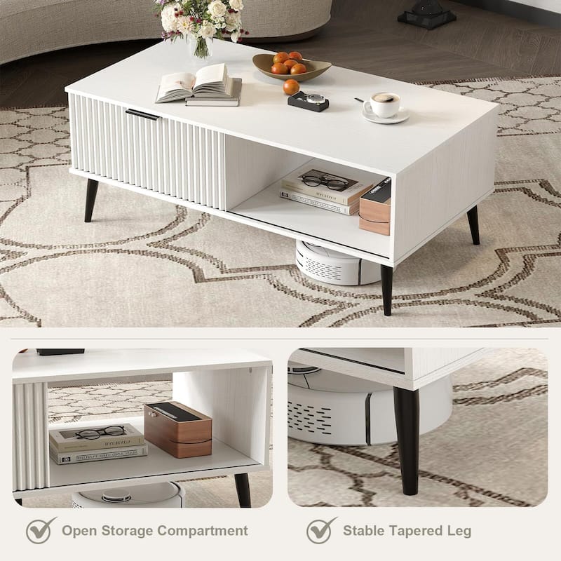 Coffee Table with Storage, 2-Tier Wooden Coffee Table with Sliding Door,
