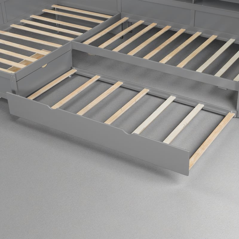 Twin Size L-Shaped Platform Bed with Trundle, Storage Drawer, Shelves, USB Charging Station, Solid Wood Frame