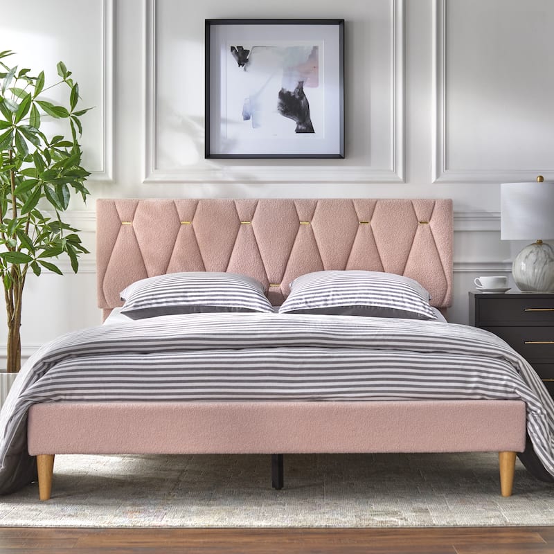 Lifestorey Vivienne Upholstered Platform Queen Bed with Solid Wood Legs - Pink Boucle