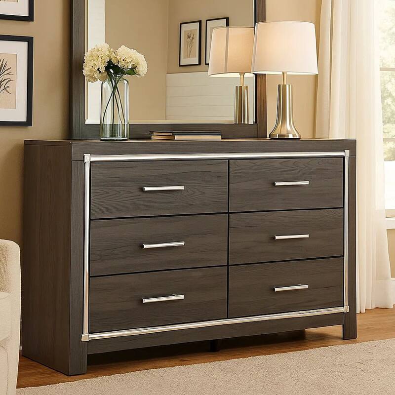 Grained Wooden Dresser with 6 Drawers and Mirror Inserts, Gray
