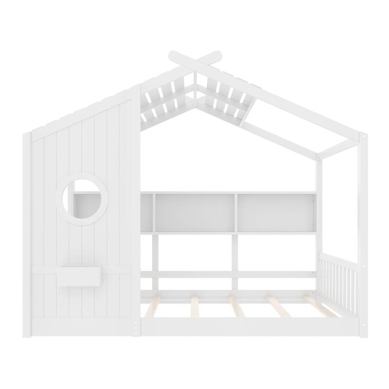 Full Size Floor House Bed for Toddler, Kids Montessori Bed with Storage Shelf, Playhouse Bed with Roof Design, White