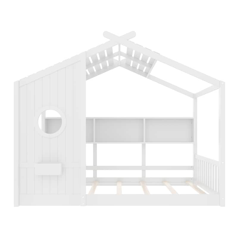 Montessori Bed House Bed with Roof and Storage Shelf, Wood Playhouse Bed Design Floor Bed with Round Window for Kids Toddler