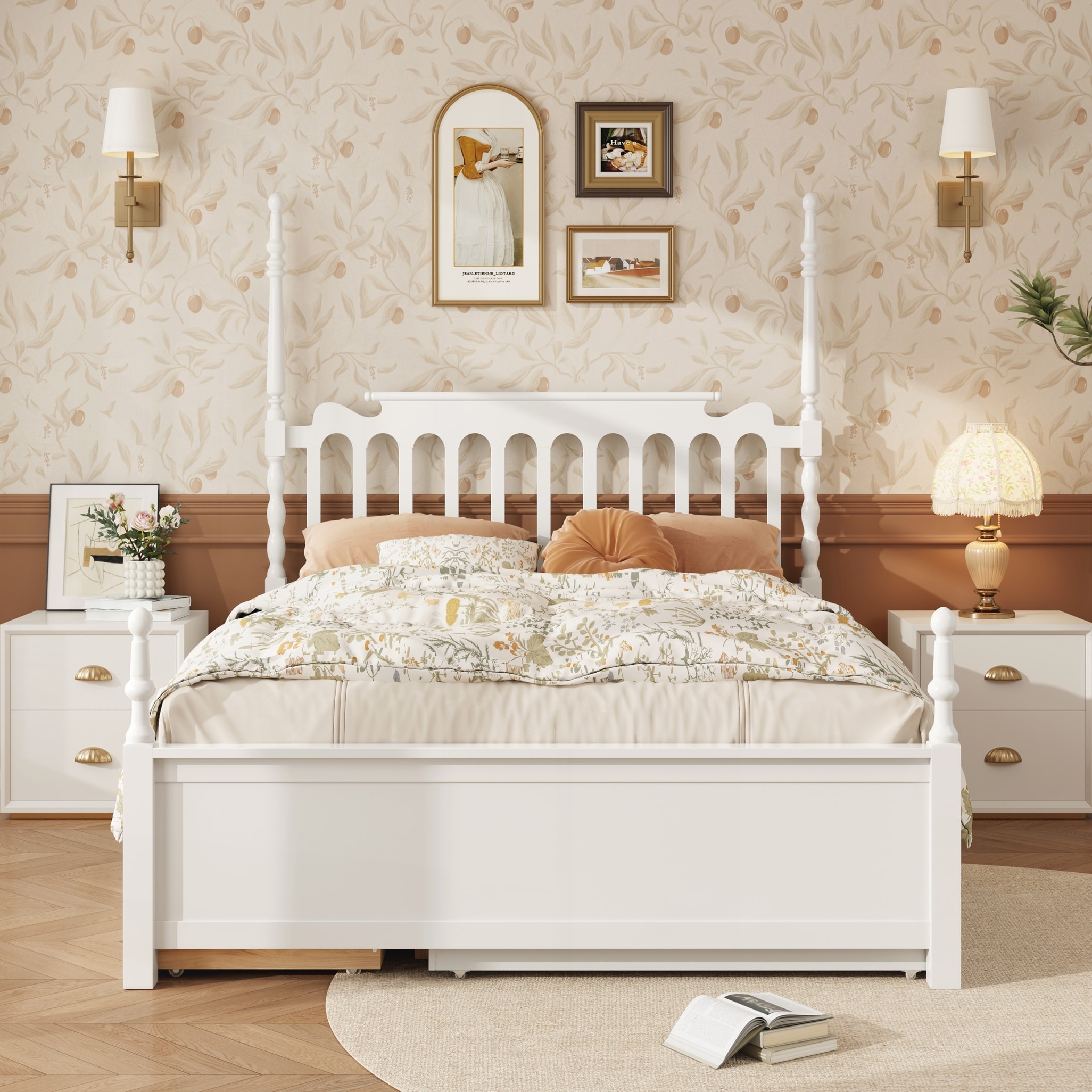 Queen Size Platform Bed Frame with Twin XL Trundle and 2 Storage Drawers