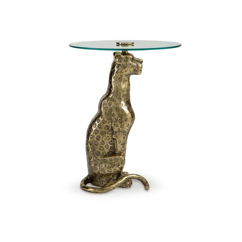 Accent Table, Gold Cast Metal Leopard Design, 18 Inch Glass Round Top