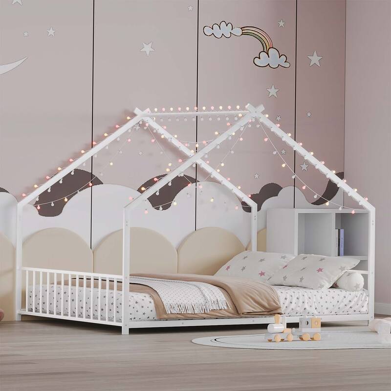 Platform Bed with LED light strips,roof-shaped iron frame,and low profile design for safety and style