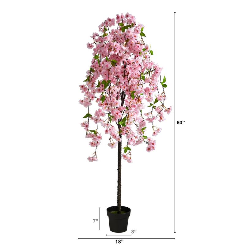 Artificial Cherry Blossom Tree 5ft Pink Flowers Slim Trunk Home Decor - Green - 51-60 Inches