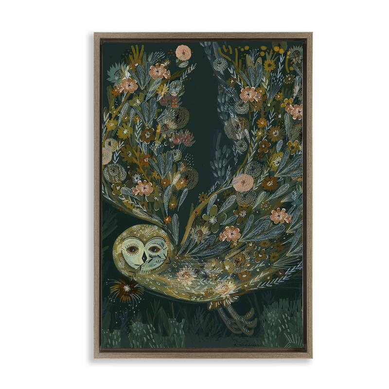 Stupell Floral Folk Barn Owl Framed Floater Canvas Wall Art Design By Kay Widdowson - 17 x 25 - Brown