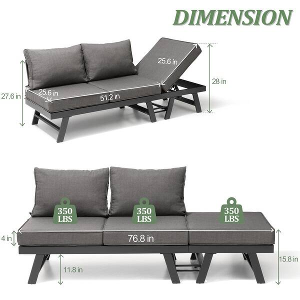 Outdoor Patio Sofa Daybed Adjustable Aluminum Chaise Lounge Bench with