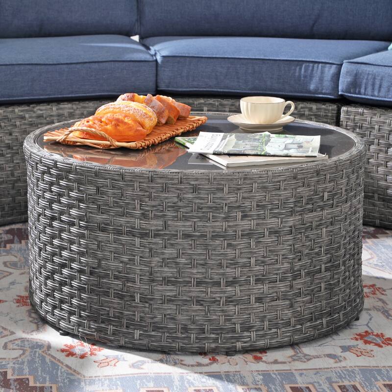 Round Outdoor Coffee Table with Tempered Glass Top - Grey