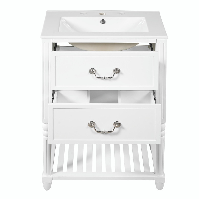 24'' Vintage Bathroom Vanity with Ceramic Sink, Freestanding Cabinet with 2 Drawers, Open Shelf