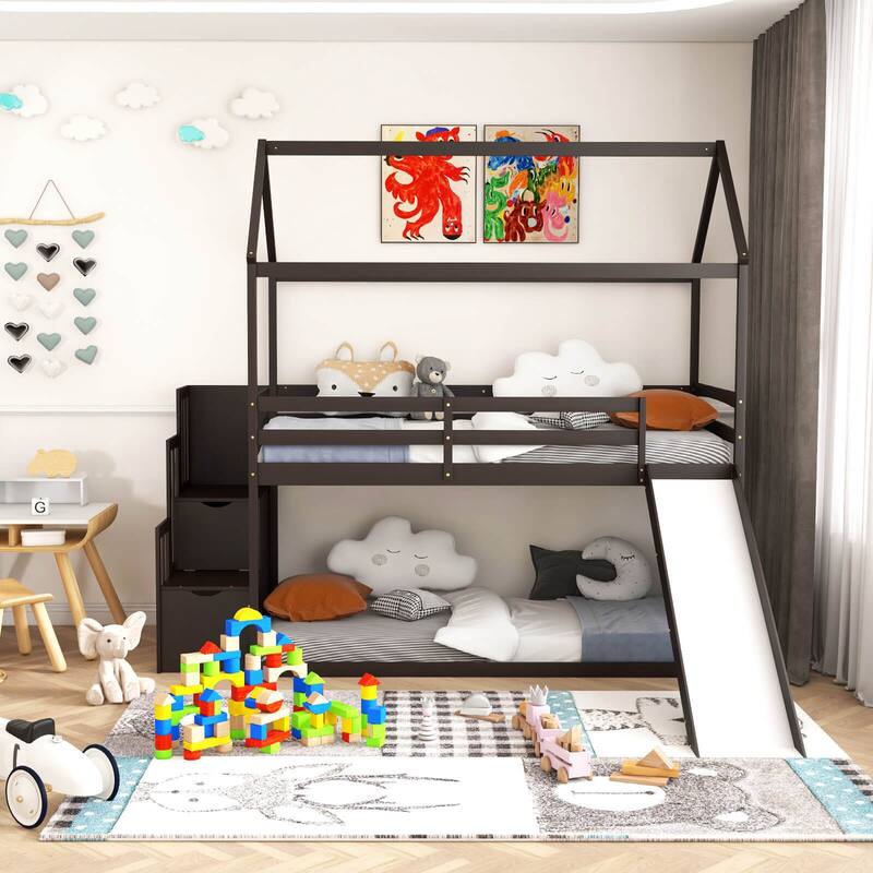 Gymax Loft Bed w/ Slide & Storage Staircase Twin Over Twin