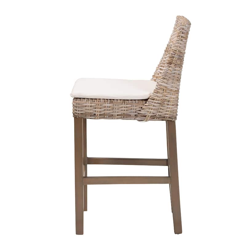Toby Modern Bohemian Grey Kubu Rattan and Rustic Taupe Finished Mahogany Wood Counter Stool