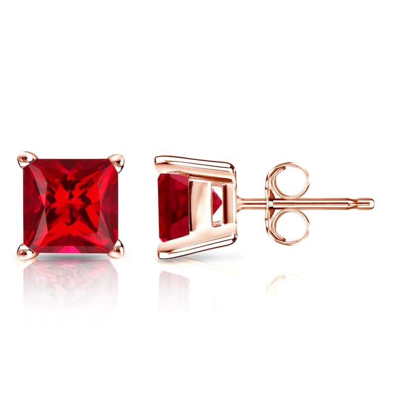 Auriya 14k Gold Lab Grown Gemstone Ruby Stud Earrings Princess 0.25 to 5.00 ct. tw. 4-Prong Basket Push-Back - 5.00ct tgw. - Rose