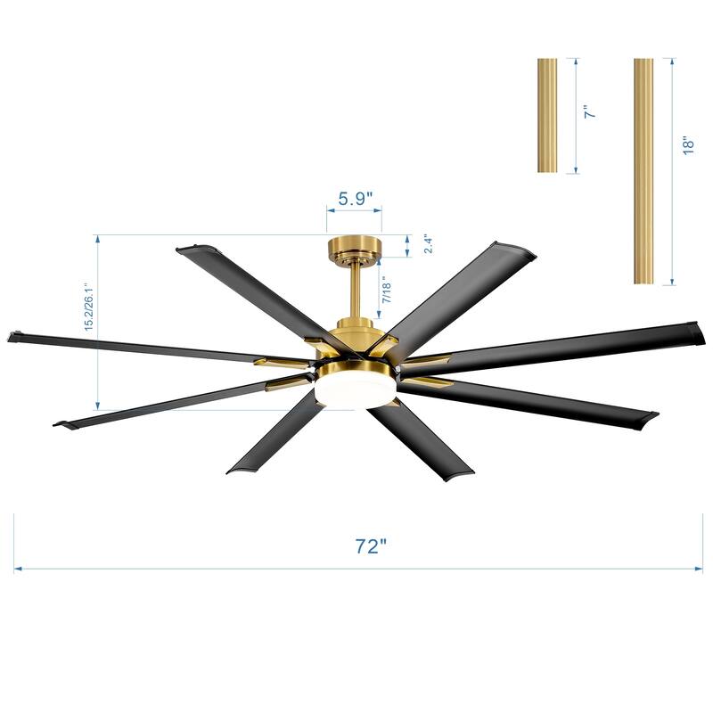 72" Gold LED Ceiling Fan with Light Kit and Remote-8 Aluminum blade