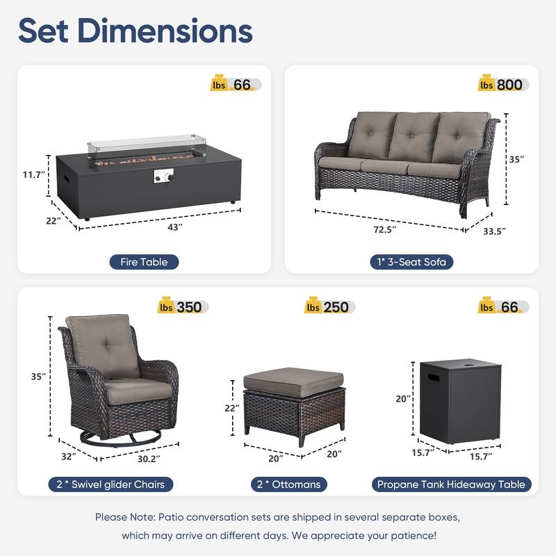 Pocassy Outdoor 7 Pieces Sofa Swivel Chair Ottoman with Fire Table