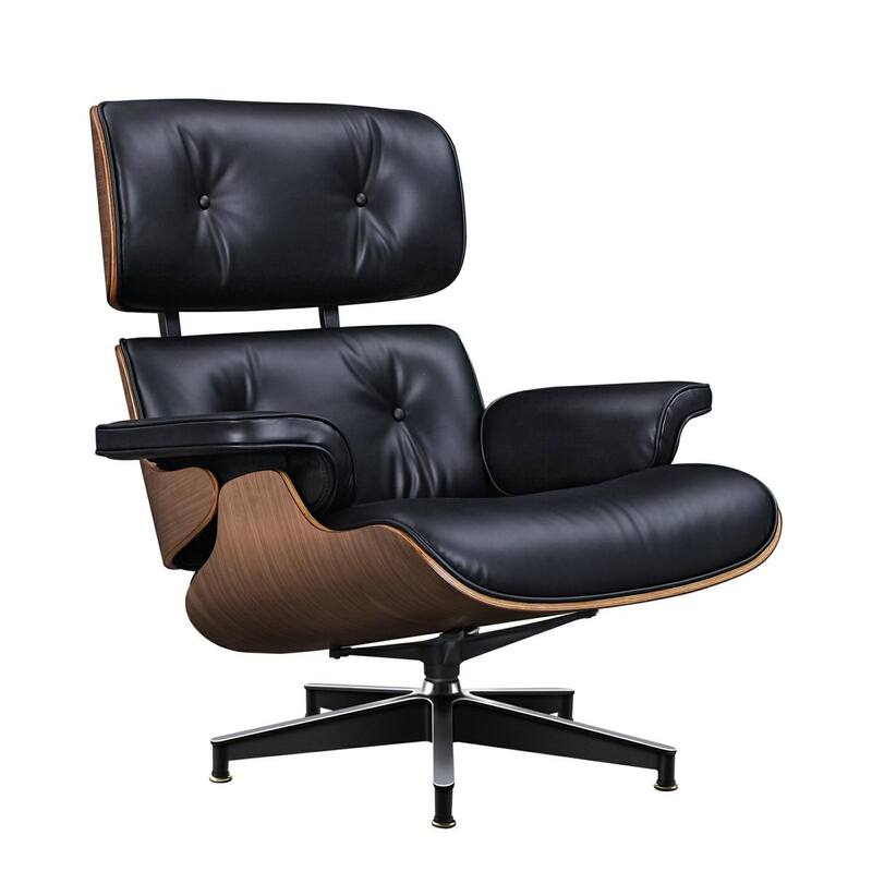 HomeRoots 28" Black and Light Brown Tufted Genuine Leather Lounge Chair With Ottoman - 28.30 in. x 29.00 in. x 20.50 in.