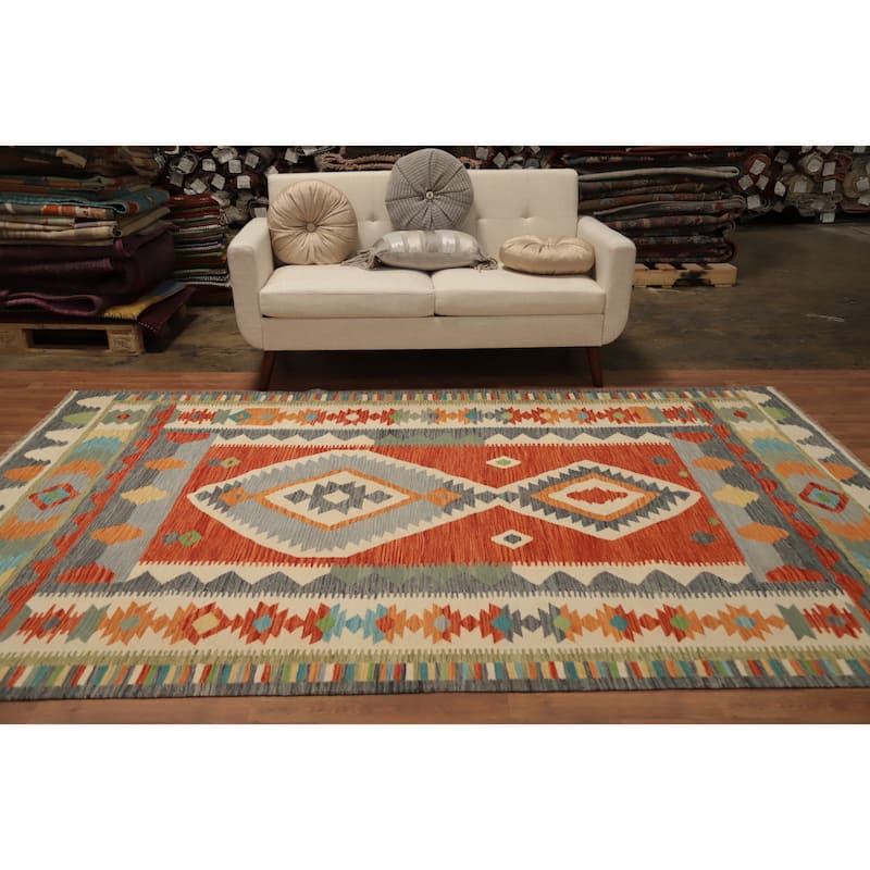 Hand Woven Oriental 100% Wool Carpet Southwestern Tribal Oranges & Rust Kilim Area Rug - 9' 8'' X 6' 5''