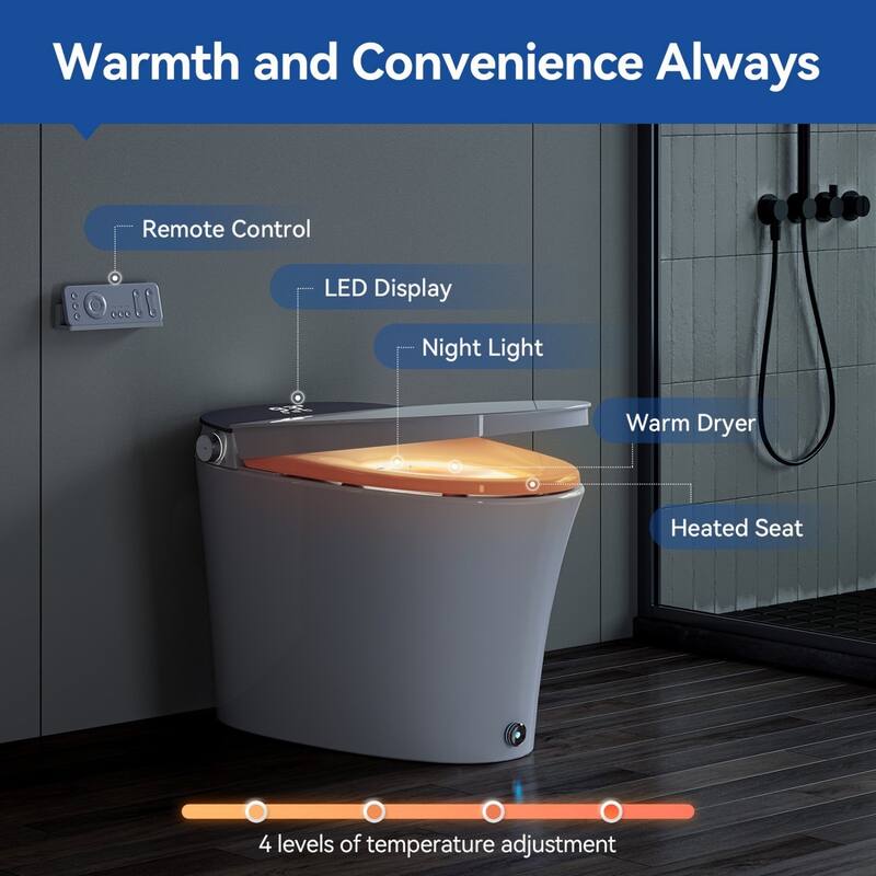Smart Bidet Toilet with Built-In Tank & Pump, 17" Chair Height, Heated Seat, Wash/Dry, Remote