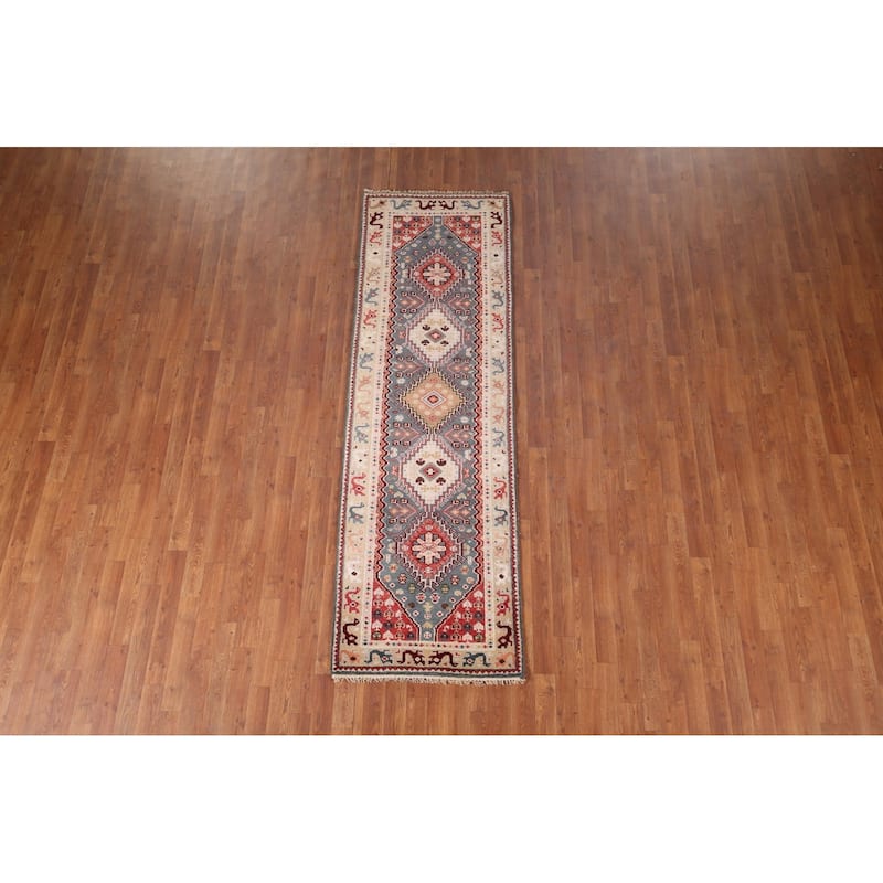 Gray Geometric Kazak Indian Runner Rug Hand-Knotted Wool Carpet - 2'6"x 8'2"