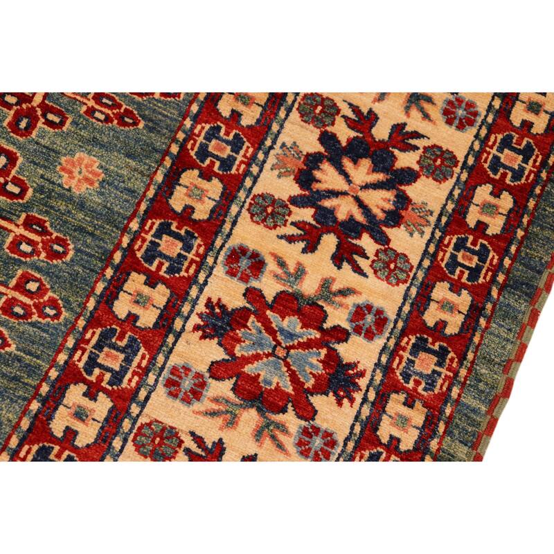 Caucasian Super Kazak Bryson Green/Beige Hand Knotted Wool Rug - 6'10'' x 9'6''