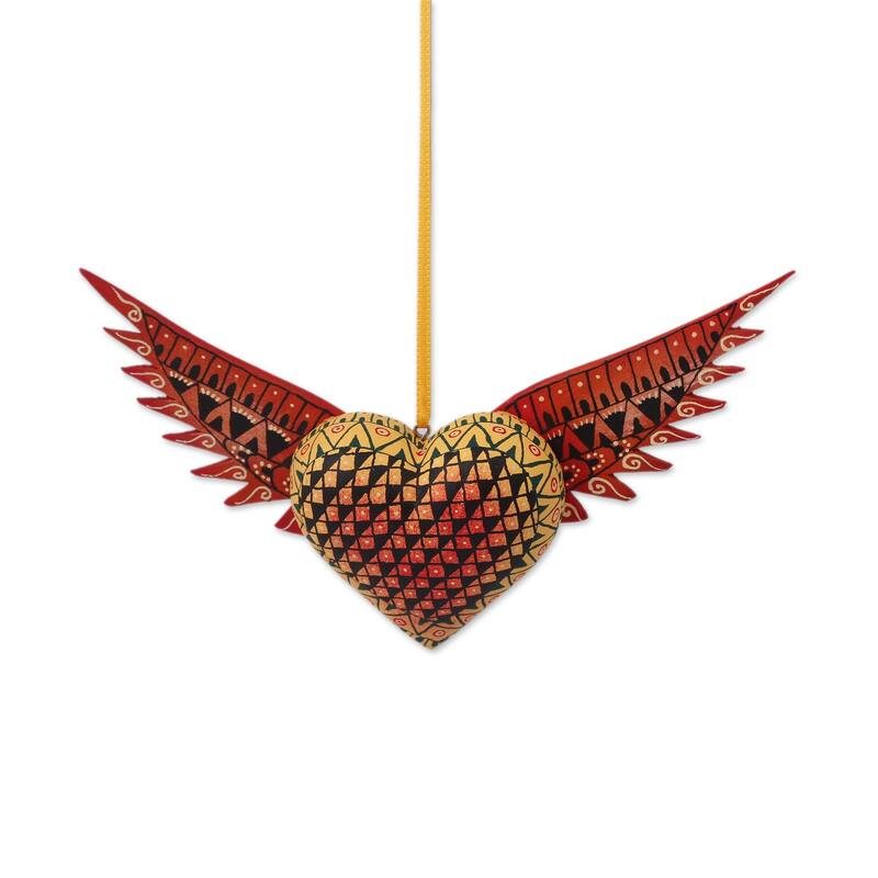 NOVICA Handmade Wings Of The Heart Wood Ornament - 2.9" H x 6.25" W x 1.1" D