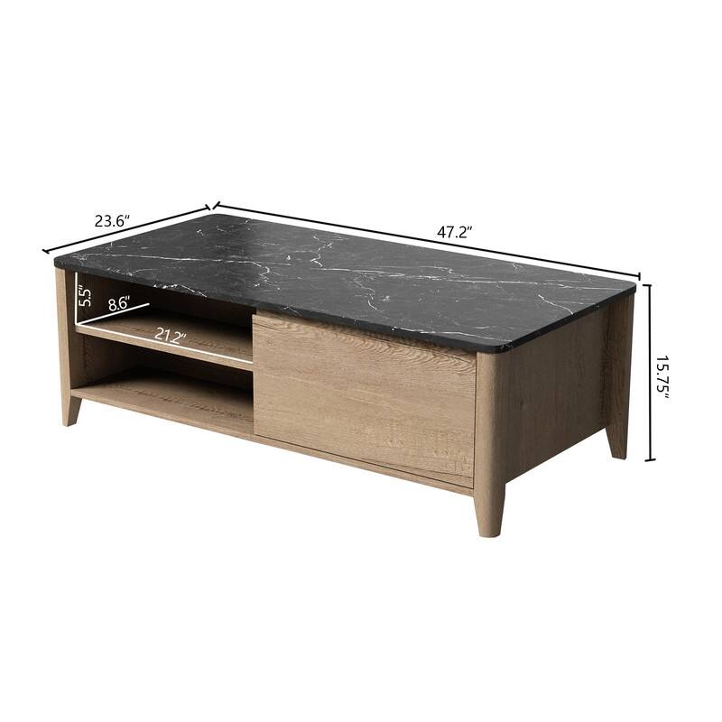47 Inch Farmhouse Coffee Table with 2Drawers and 2Shelves for Living