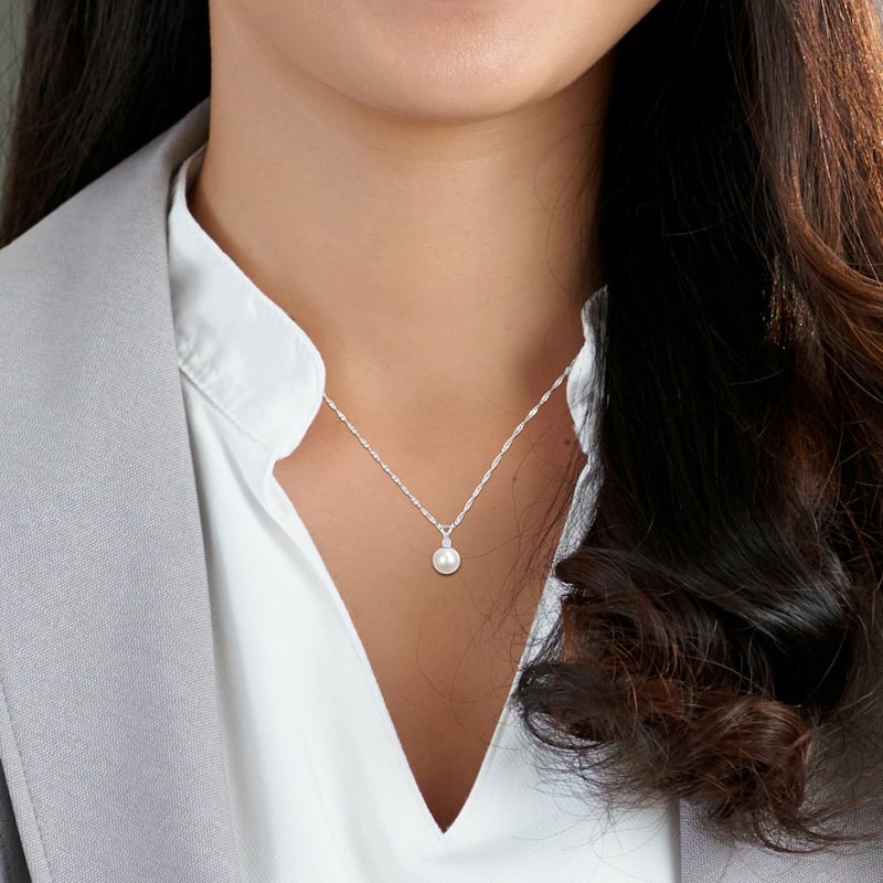 Miadora Diamond and 7-7.5 MM Cultured Pearl Pendant Chain in 14k White Gold