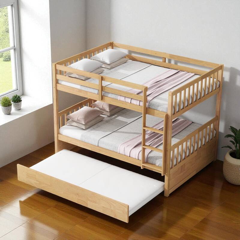 Full Over Full Rubber Wood Bunk Bed with Trundle, Convertible into Two Full Beds, Ladder and Guardrails Included