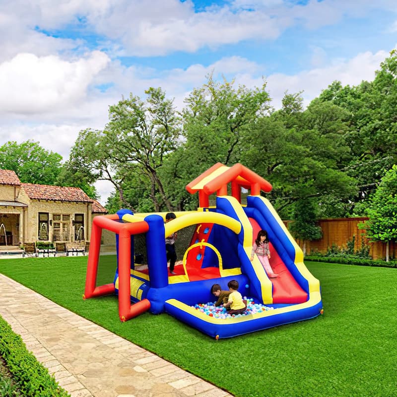 Inflatable Outdoor Trampoline Jumping Bouncer House with Blower Slide and Storage Bag - 131.1” x 133.1” x 90.6”
