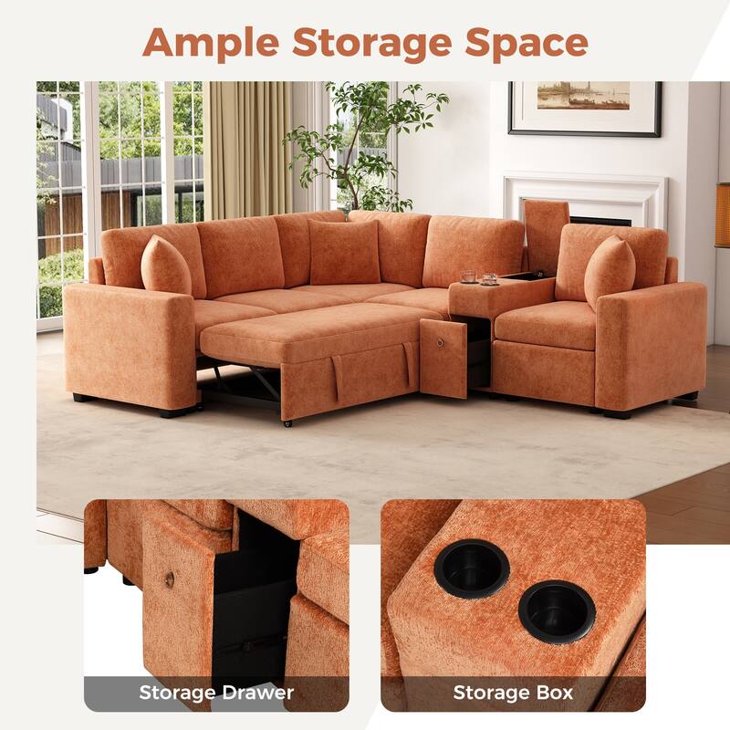 Chenille Pull Out Sectional Convertible Sleeper Sofa Modular Sectional Sofa with Pillow and 2 Cup Holders for Living Room